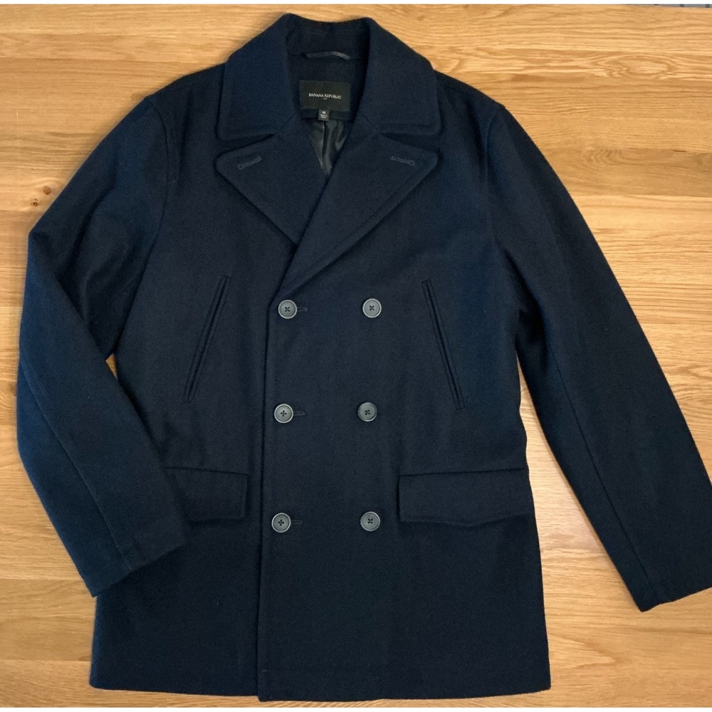 Banana Republic Peacoat Mens M Navy Blue Wool Blend Double Breasted Coat 987157